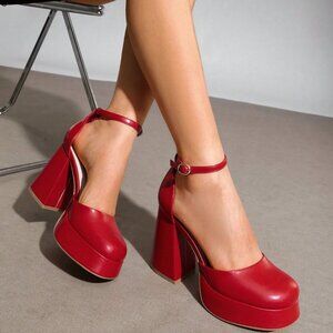 Red Elegant Women's Chunky Platform Heels